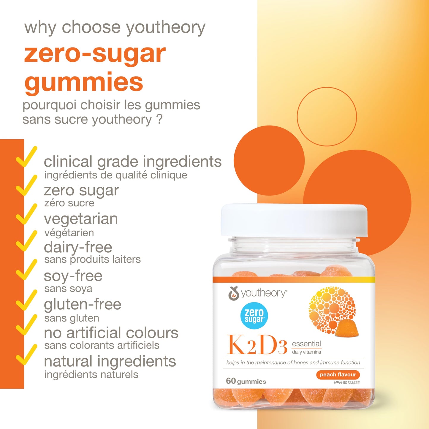 Youtheory K2D3 Zero Sugar Gummies, 1000 IU D3 & MK-7 100 mcg K2, Helps Develop & Maintain Bones & Teeth, Peach Flavour, Vegetarian, 60 Gummies Youtheory