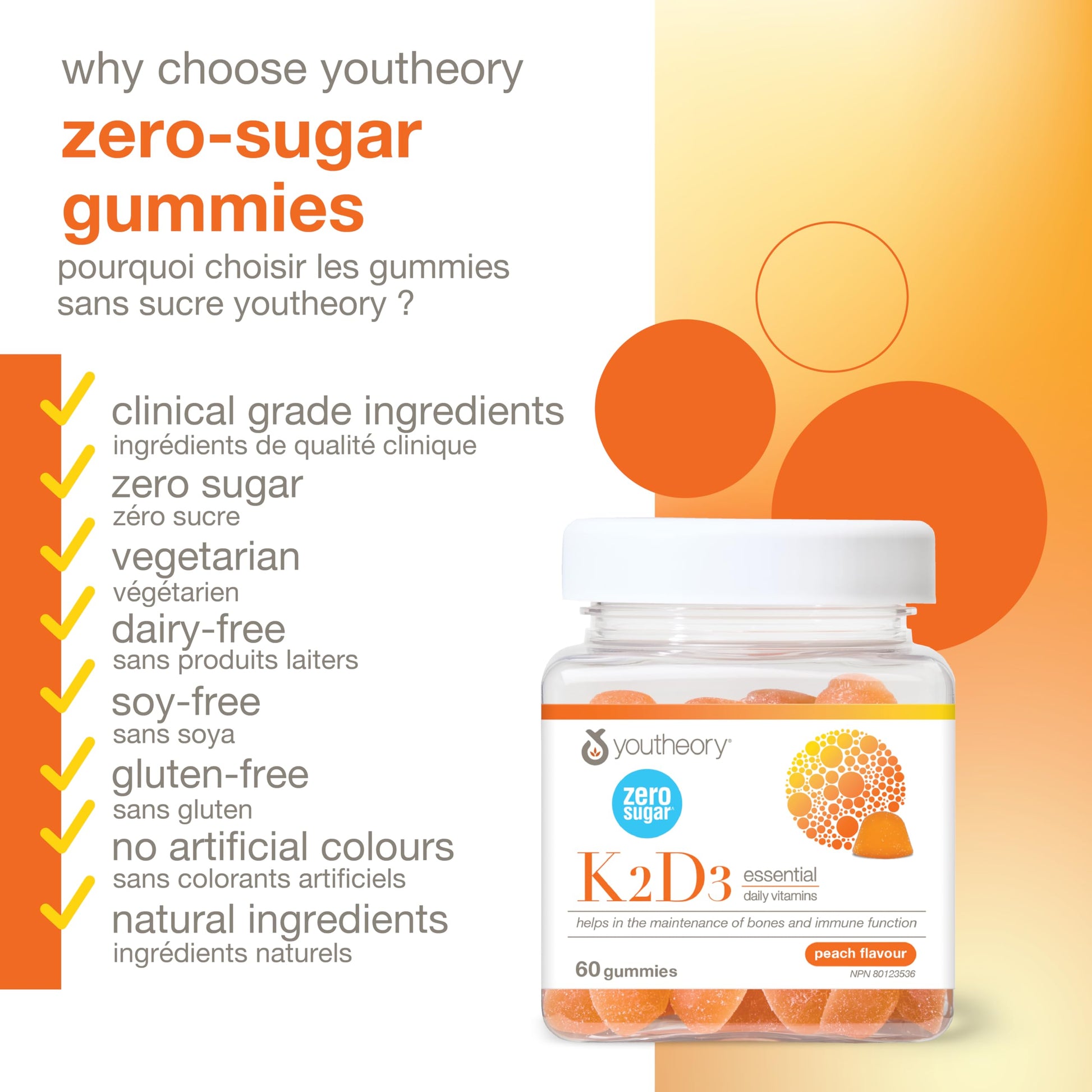 Youtheory K2D3 Zero Sugar Gummies, 1000 IU D3 & MK-7 100 mcg K2, Helps Develop & Maintain Bones & Teeth, Peach Flavour, Vegetarian, 60 Gummies Youtheory