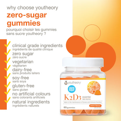 Youtheory K2D3 Zero Sugar Gummies, 1000 IU D3 & MK-7 100 mcg K2, Helps Develop & Maintain Bones & Teeth, Peach Flavour, Vegetarian, 60 Gummies Youtheory