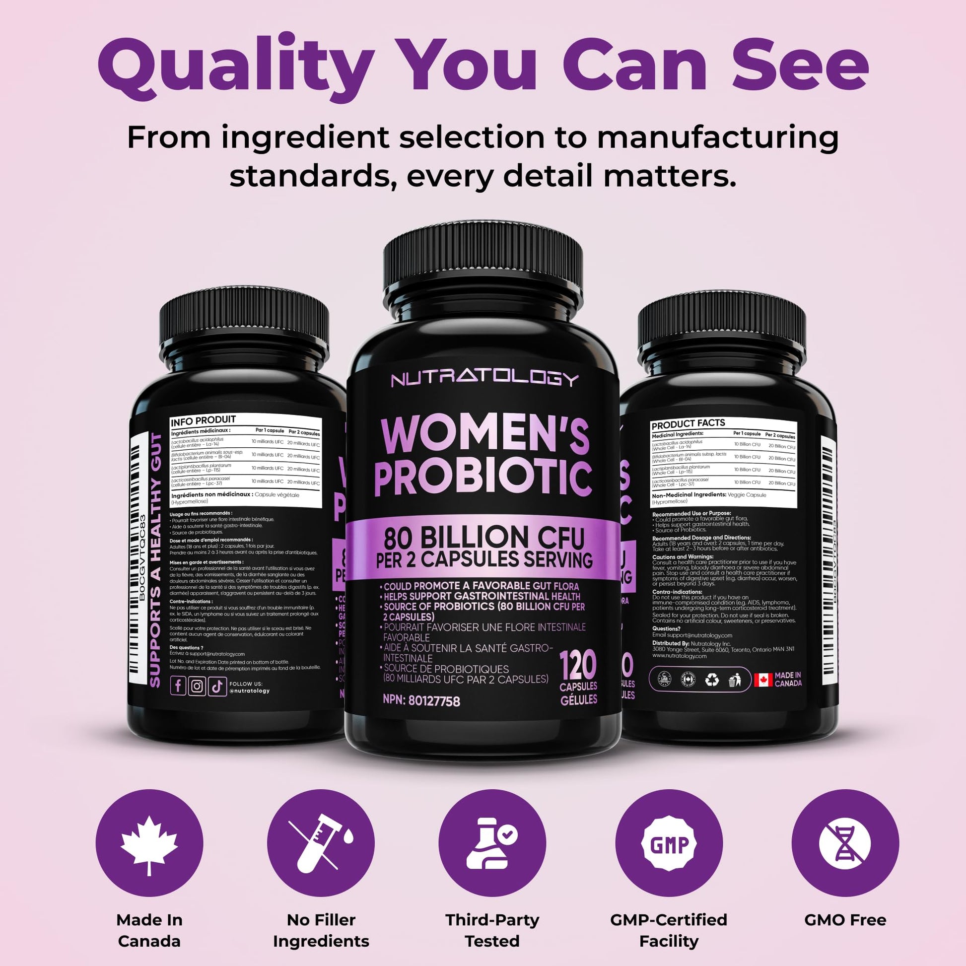 Nutratology® Probiotics for Women | Canadian-Made | 40 Billion CFUs Per Capsule | 80 Billion CFUs Per Serving - Bloating Relief & Digestion - 4 Strains of Women's Probiotic for Gut Health -120 Count