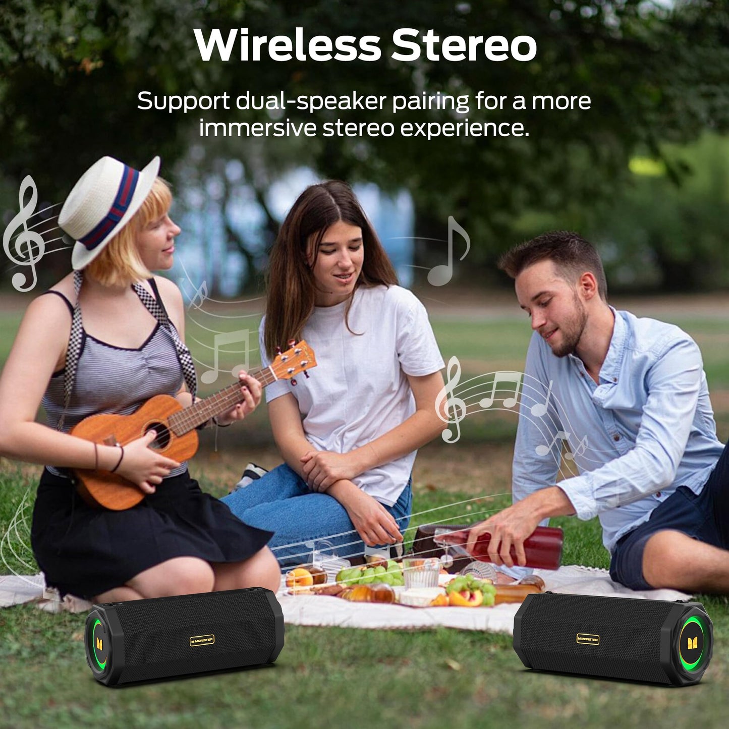 Monster Speaker S200 Wireless Portable Bluetooth Speaker, 24H Playtime, IPX6 Waterproof, 50W Stereo Sound, Bluetooth 5.4, Dual Bass Speakers, Perfect for Home, Parties, and Travel.Black - Available at All In One Marketplace Canada