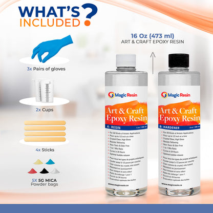 Epoxy Resin Kit for Art & Craft | 16oz (473ml) | UV Resistant | Clear Epoxy Resin | Jewelry, Earrings, Coasters, Casting, Molding, Crafting & more | Includes 2 pairs of gloves, 2 cups, 4 sticks & mica
