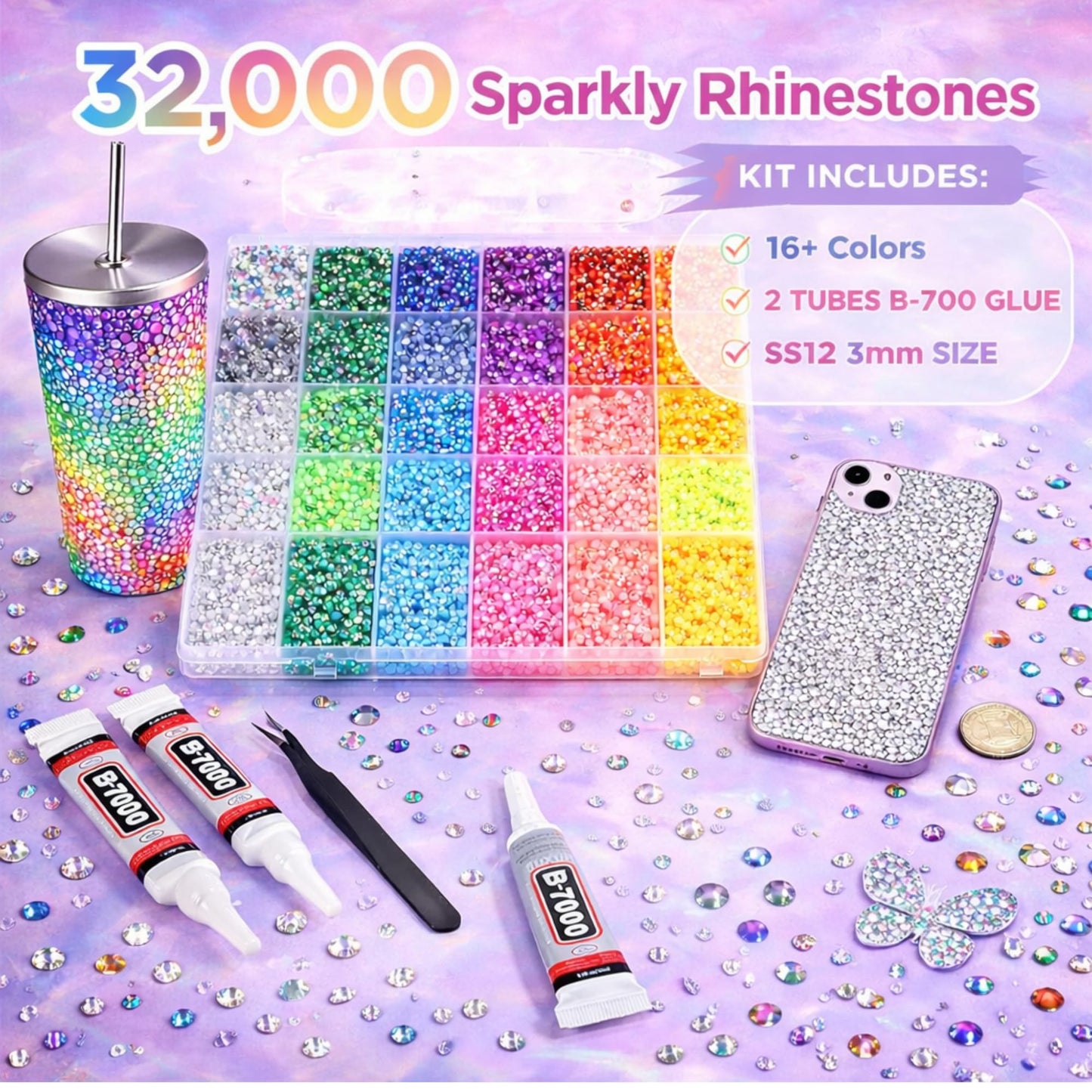 KCZ GROUP 40 Colors Resin Jelly Rhinestones for Crafting, 3mm Flatback Gems, 32000 Pieces with B7000 Glue, Bedazzling Kit for Clothing, Shoes, Nail Art, Diamond Art - Available at All In One Marketplace Canada