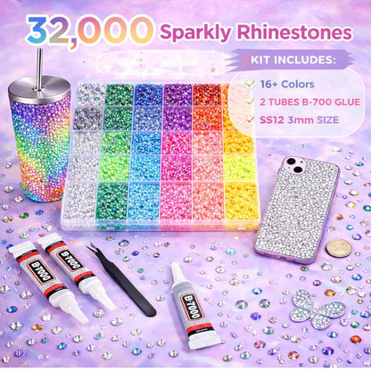KCZ GROUP 40 Colors Resin Jelly Rhinestones for Crafting, 3mm Flatback Gems, 32000 Pieces with B7000 Glue, Bedazzling Kit for Clothing, Shoes, Nail Art, Diamond Art - Available at All In One Marketplace Canada