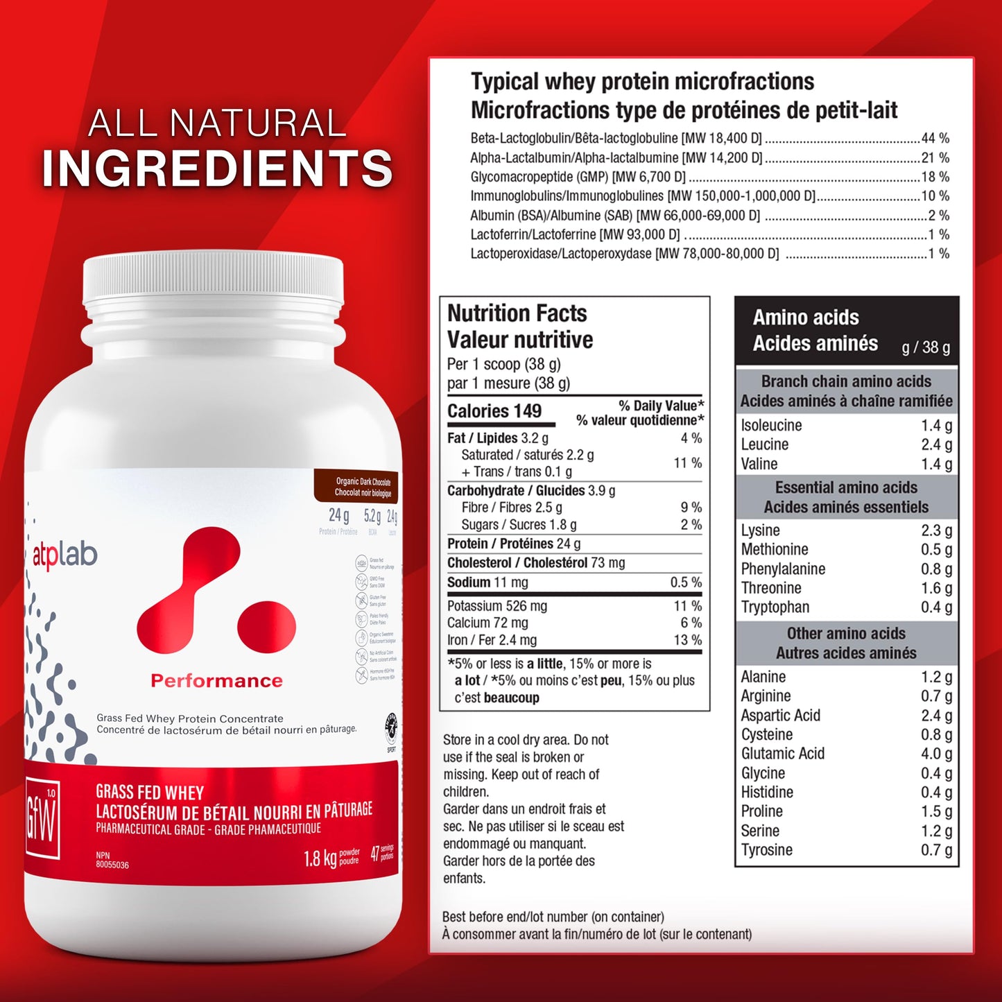 ATP LAB Grass Fed Whey Protein Concentrate - Organic Dark Chocolate - 1.8kg (47 Servings)