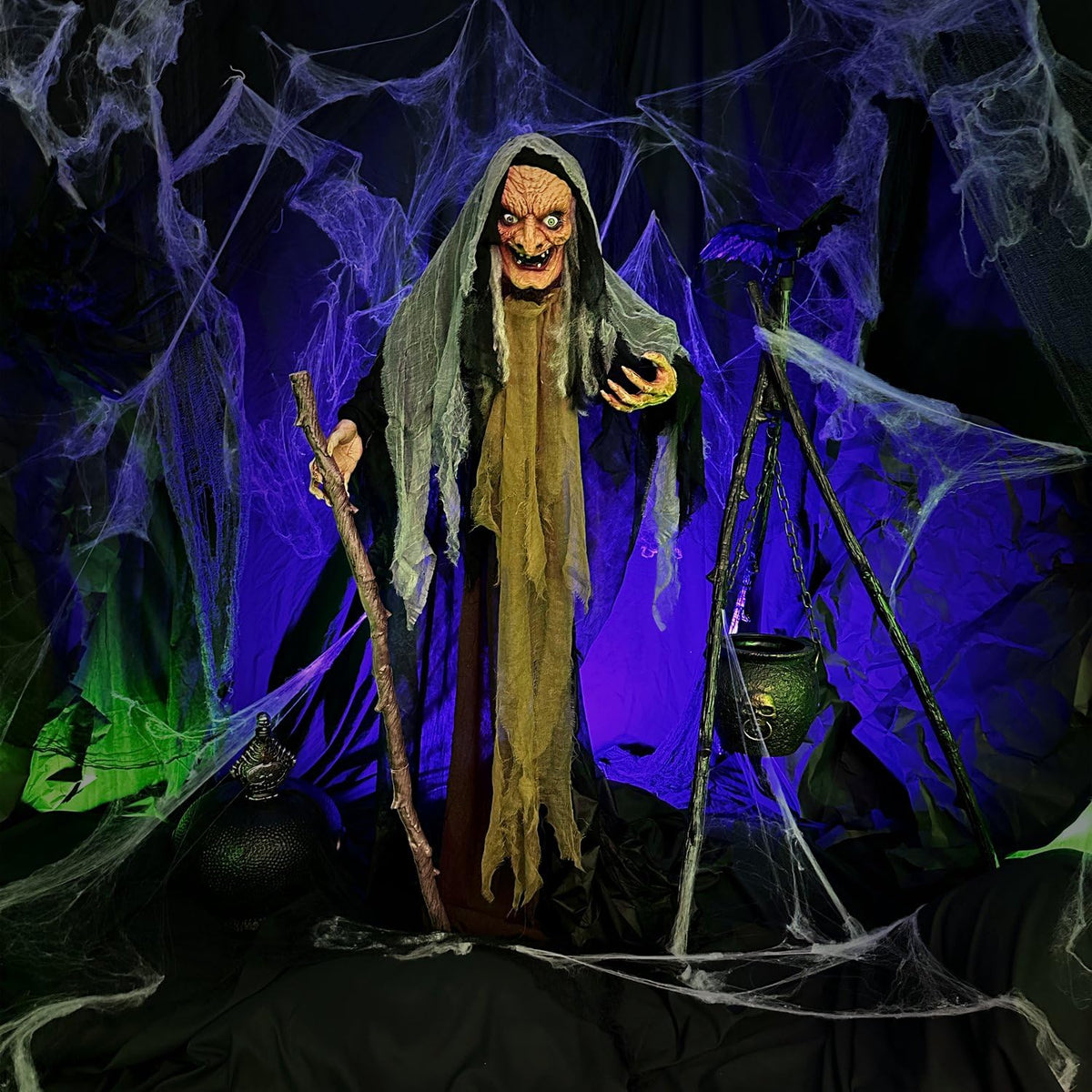 Haunted Hill Farm Life-Size Scary Poseable Talking Witch, Halloween Animatronic with Touch Activated Lights and Sound, Battery Operated Indoor or Covered Outdoor Halloween Decorations, Halloween Prop