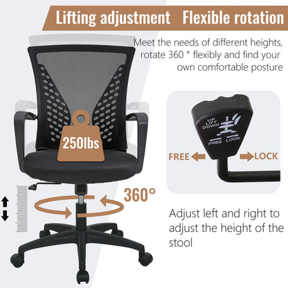 FDW Home Office Chair Mid Back PC Swivel Lumbar Support Adjustable Desk Task Computer Ergonomic Comfortable Mesh Chair with Armrest (Black)