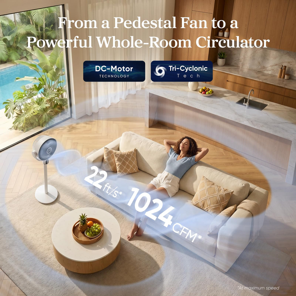 Levoit Standing Fan for Bedroom, 18dB Whisper Quiet Pedestal Fan for Sleep, 1024 CFM Ultra-High Airflow, 90° Oscillating Floor Fan, Remote, DC Motor, 5 Speeds, 12H Timer, For Home, Room, Office, White