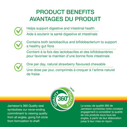 Jamieson Chewable Probiotic 2 Billion Active Cells Natural Strawberry Flavour, Family Friendly (3+), Supports Digestive Health. 5 Unique Strains, Including Lactobacillus and Bifidobacterium, Non-GMO, No Artificial Colours, Flavours, or Preservatives, 60 C - Available at All In One Marketplace Canada