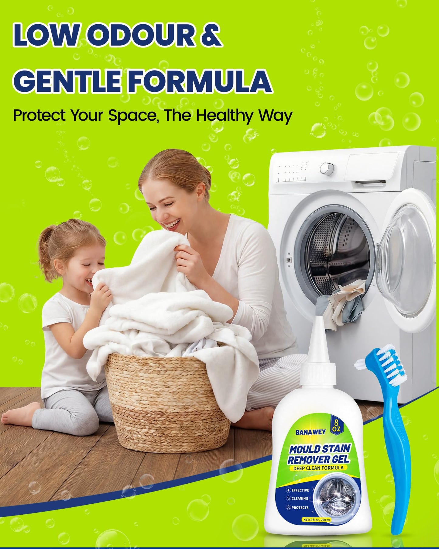 Mould Remover Gel - Household Washing Machine Cleaner, Tile Grout Cleaner with Brush, Mildew Stain Remover for Washer Rubber, Shower, Bathroom, Bathtub Caulk, Kitchen Sink, Fridge Seal, Wall - 8 Fl Oz - Available at All In One Marketplace Canada