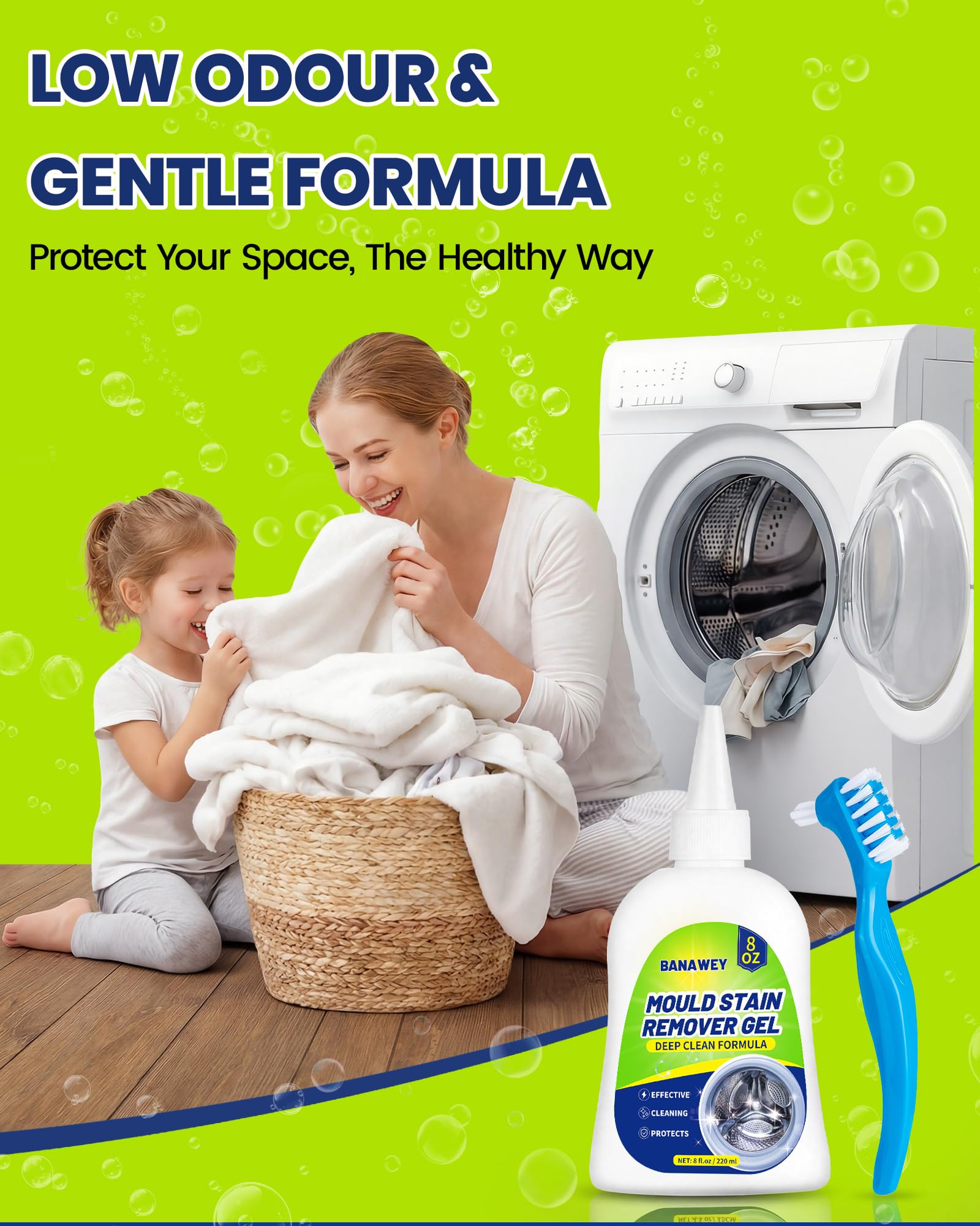 Mould Remover Gel - Household Washing Machine Cleaner, Tile Grout Cleaner with Brush, Mildew Stain Remover for Washer Rubber, Shower, Bathroom, Bathtub Caulk, Kitchen Sink, Fridge Seal, Wall - 8 Fl Oz - Available at All In One Marketplace Canada