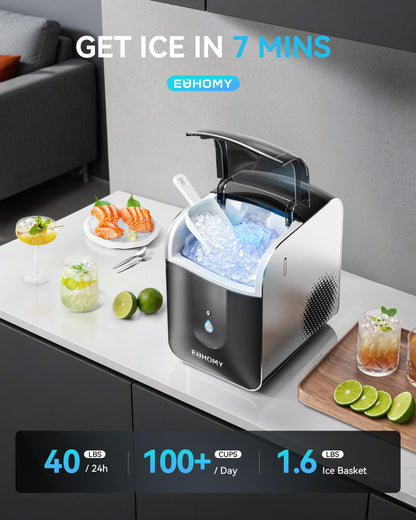 Machine à glaçons à pépites intelligente EUHOMY pour comptoir, machine à glaçons Sonic 18 kg/24 h avec contrôle par application, prête en 8 minutes, machine à glaçons en forme de galets autonettoyante pour la maison, la cuisine ou le bureau
