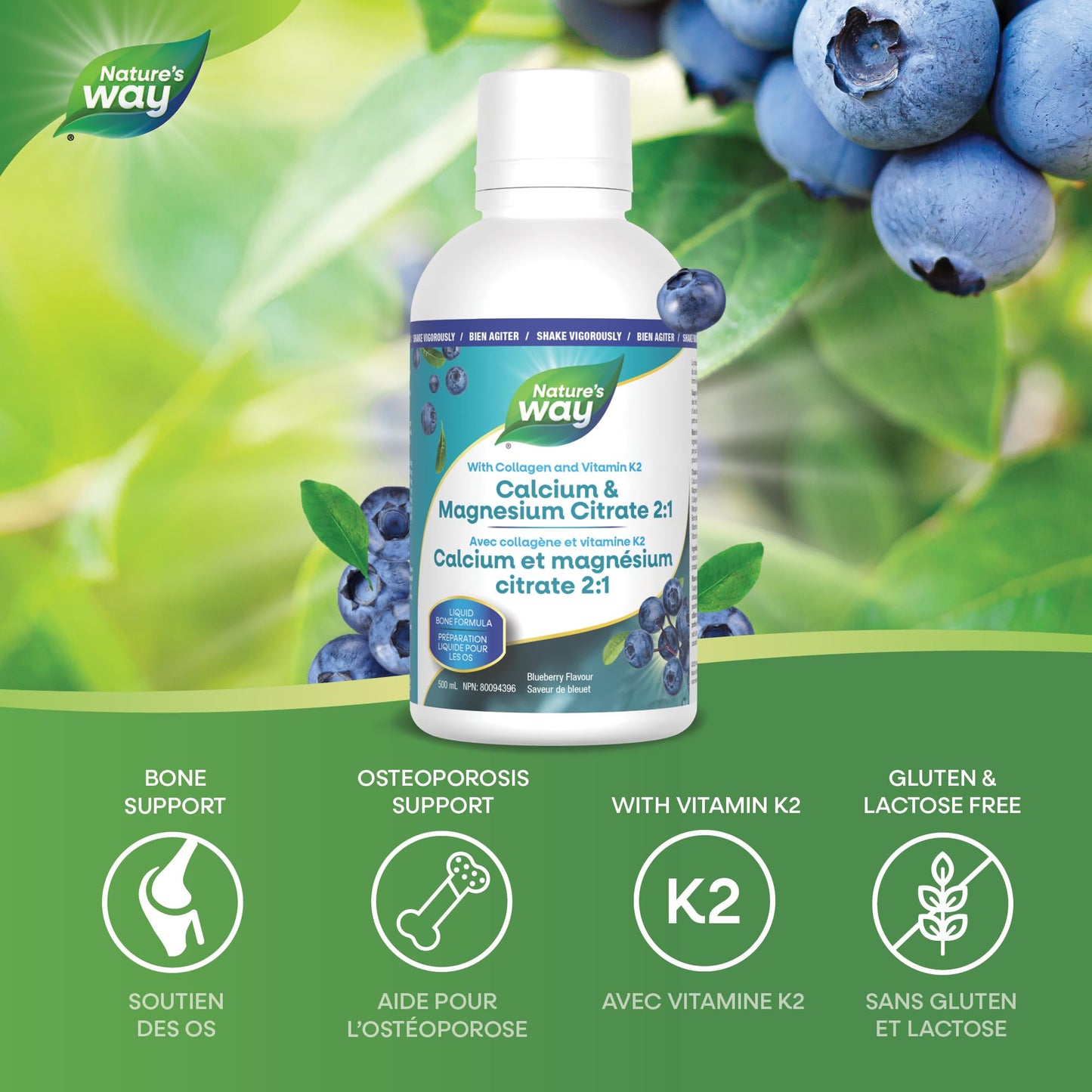 Nature's Way Calcium and Magnesium Citrate 2:1 - Liquid Supplement with Vitamin K2 and Collagen – Helps Support the Maintenance of Bones and Teeth – Blueberry Flavour, 500 mL - Available at All In One Marketplace Canada