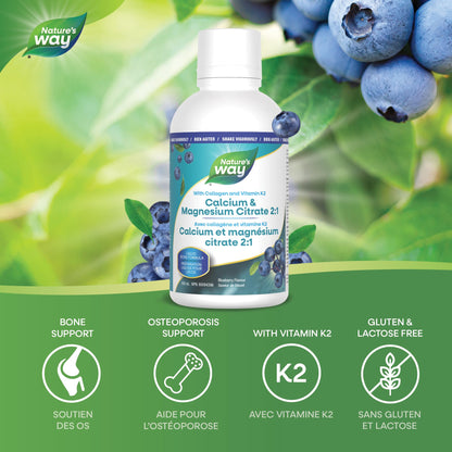 Nature's Way Calcium and Magnesium Citrate 2:1 - Liquid Supplement with Vitamin K2 and Collagen – Helps Support the Maintenance of Bones and Teeth – Blueberry Flavour, 500 mL - Available at All In One Marketplace Canada