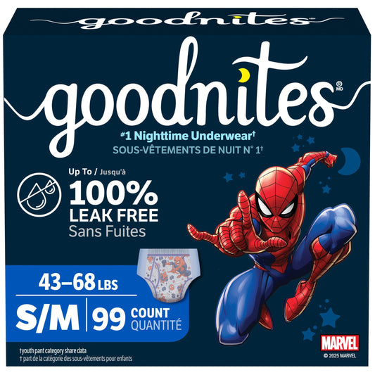 Goodnites Boys' Bedwetting Underwear, Size S/M (43-68 lbs), 99 Ct (3 Packs of 33), Packaging May Vary