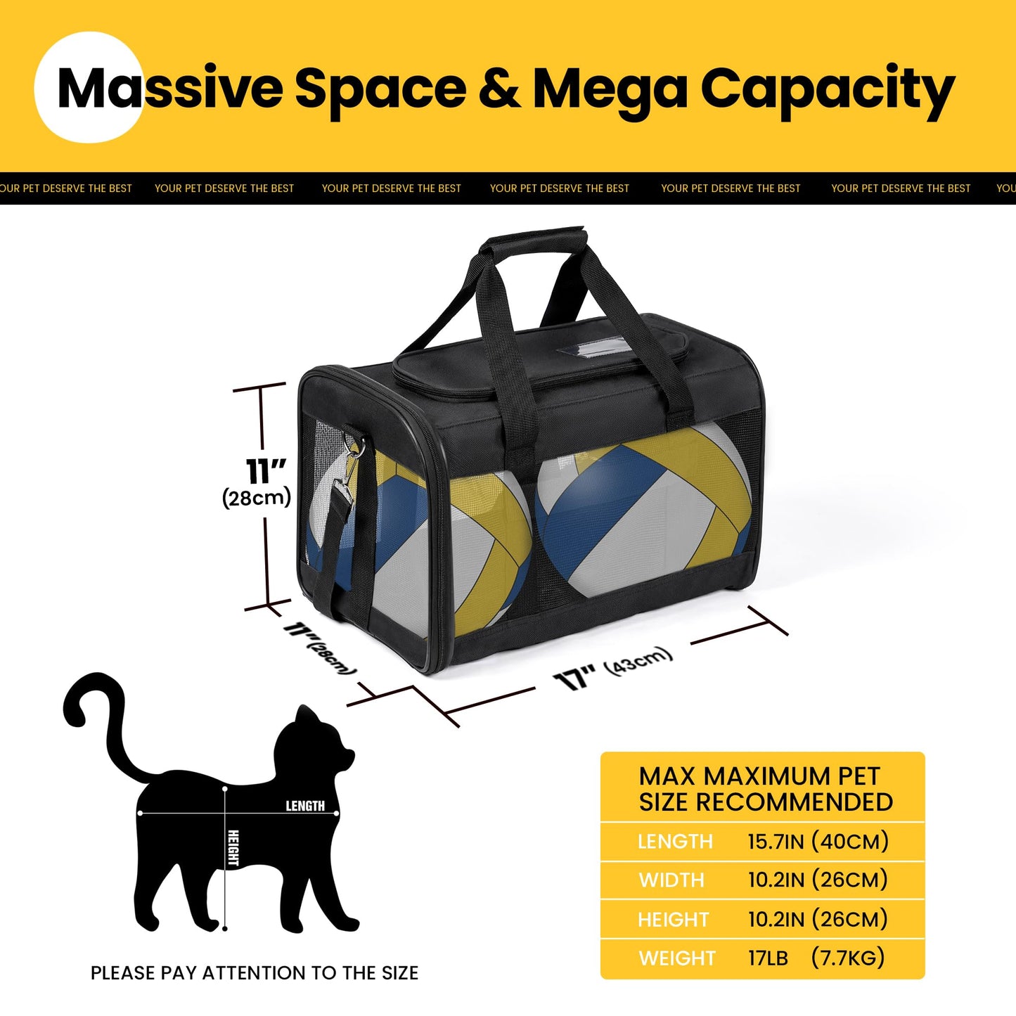 Conlun Cat Carrier Airline Approved, Soft-Sided Dog Carrier with Inner Safety Leash, Pet Transport Carrier for Small-Medium Cats Puppies up to 15 Lbs, Collapsible Travel Kitten Carrier Bag -Black M