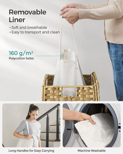 SONGMICS Laundry Hamper with Lid, 23.8 Gallon (90 L) Synthetic Rattan Clothes Laundry Basket with Lid and Handles, Foldable, Removable Liner, Natural ULCB051N01V1 SONGMICS