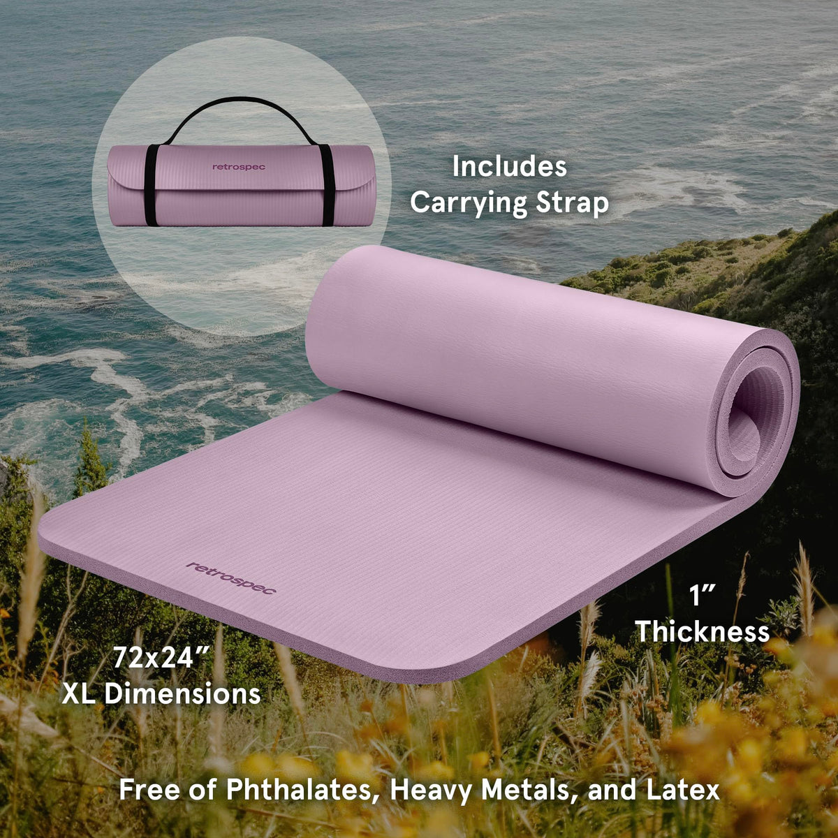 Retrospec Solana Yoga Mat 1" Thick w/Nylon Strap for Men & Women - Non Slip Exercise Mat for Home Yoga, Pilates, Stretching, Floor & Fitness Workouts -Violet Haze