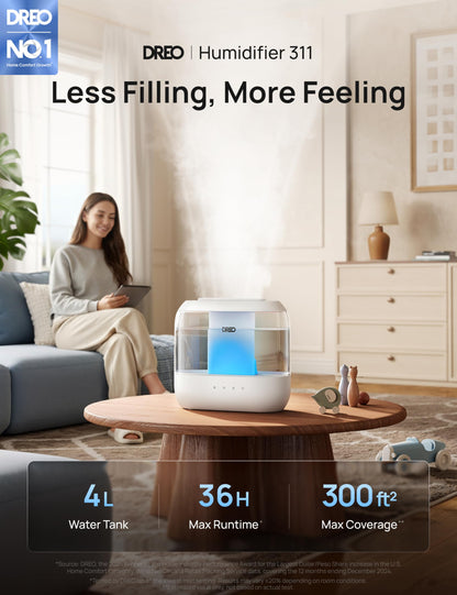 DREO Humidifiers for Bedroom, 4L Top Fill for Large Room, 36H Runtime [Ultra-Strong Mist Output] Quiet Cool Mist Air Humidifier for Baby Nursery, Plants, Indoor, Night Light, Easy to Clean - Available at All In One Marketplace Canada