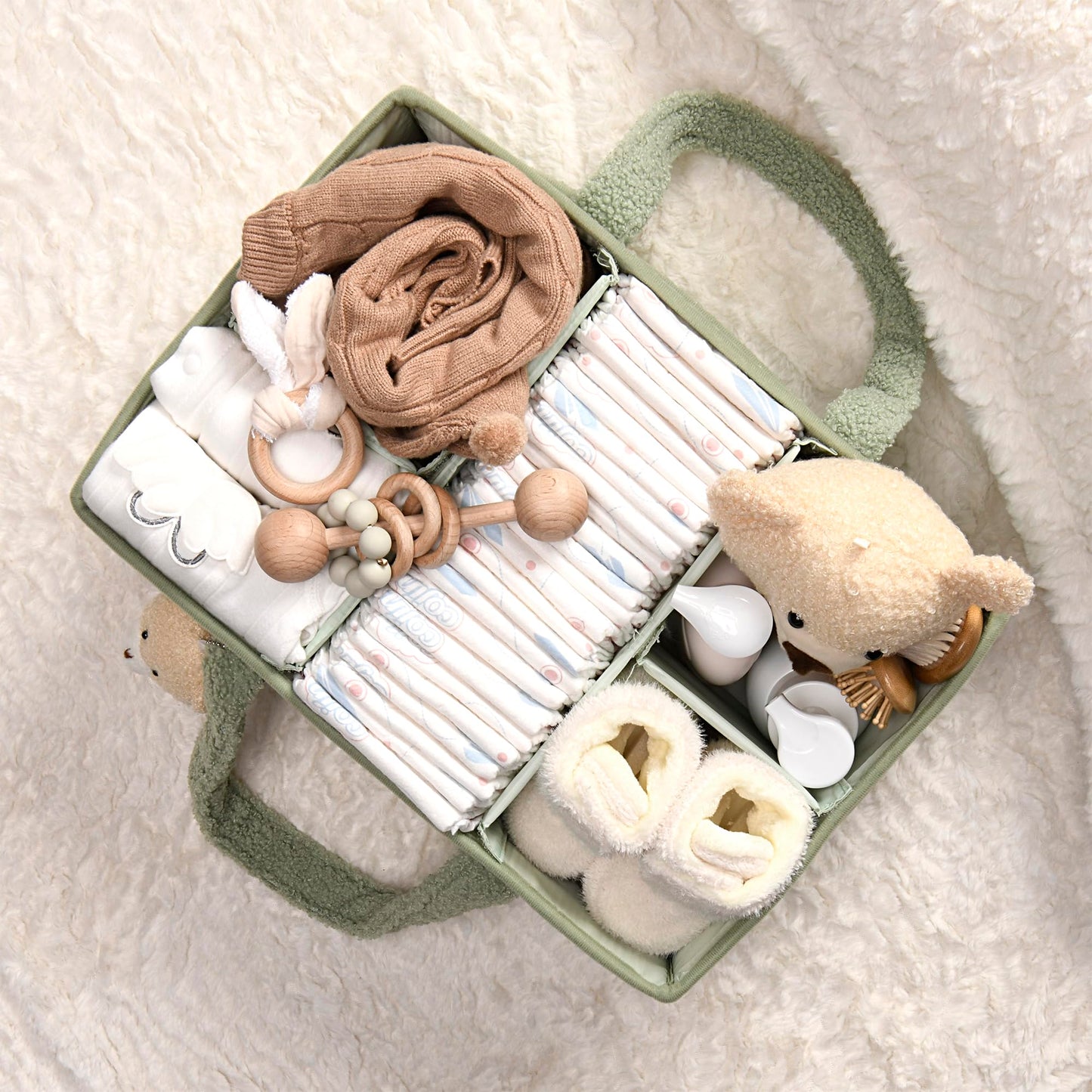 PeraBella Baby Diaper Caddy Organizer, Baby Organizers and Storage for Changing Table, Babies Shower Gift Basket for Boy &Girl, Nursery Essentials Car Caddy Organizer with Handle, Green Diaper Basket
