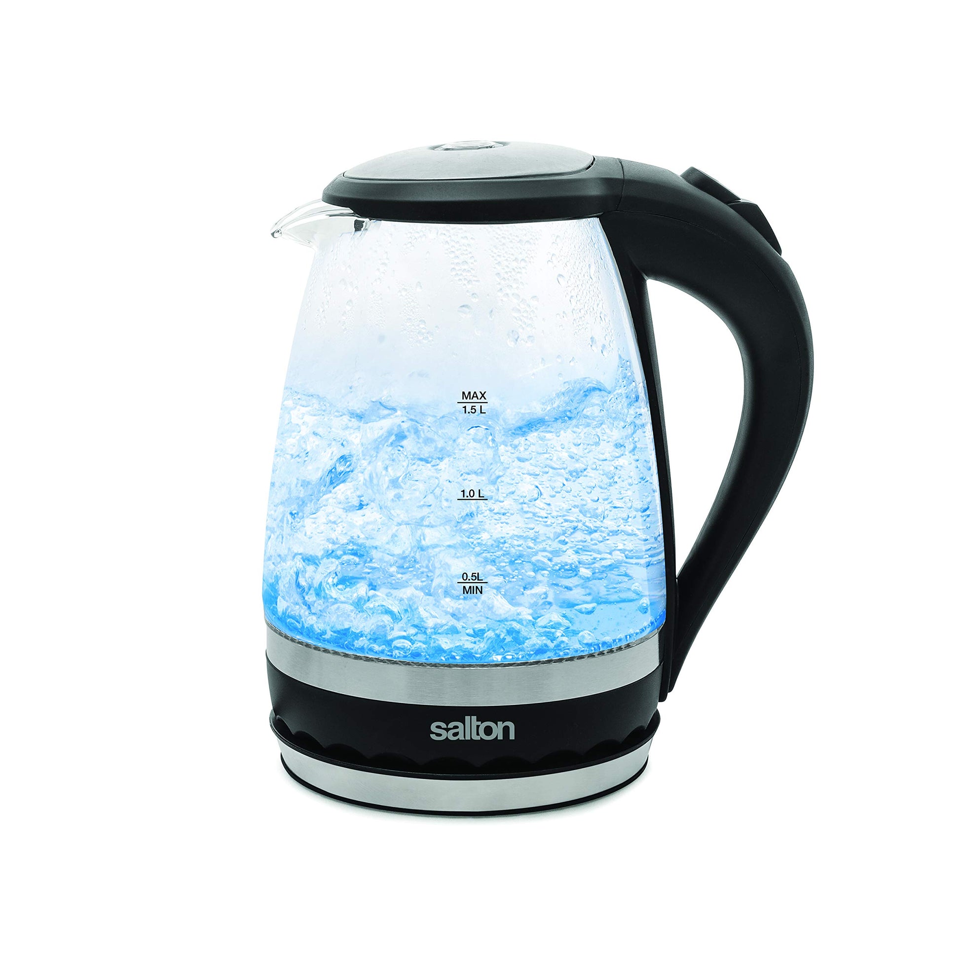 Salton Cordless Electric Glass Kettle - Compact 1.5L/Quart Water Boiler and Tea Heater with Automatic Shut-Off and Boil-Dry Protection, Soft Blue Illumination, Stainless Steel, 1100 Watts Salton