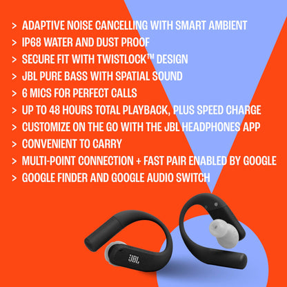 JBL Endurance Peak 4 - True Wireless Noise Cancelling Sport Earbuds, Up to 48Hrs Total Playback, Water & dust Proof (IP68), Secure fit with TwistLock™ Design, & 6 mics for Perfect Calls (Black)