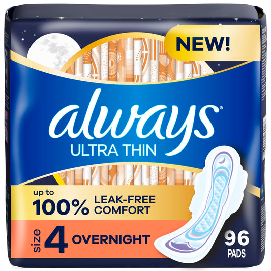 Always Ultra Thin Feminine Pads with Wings for Women, Size 4, Overnight Absorbency, Unscented, 96 Count