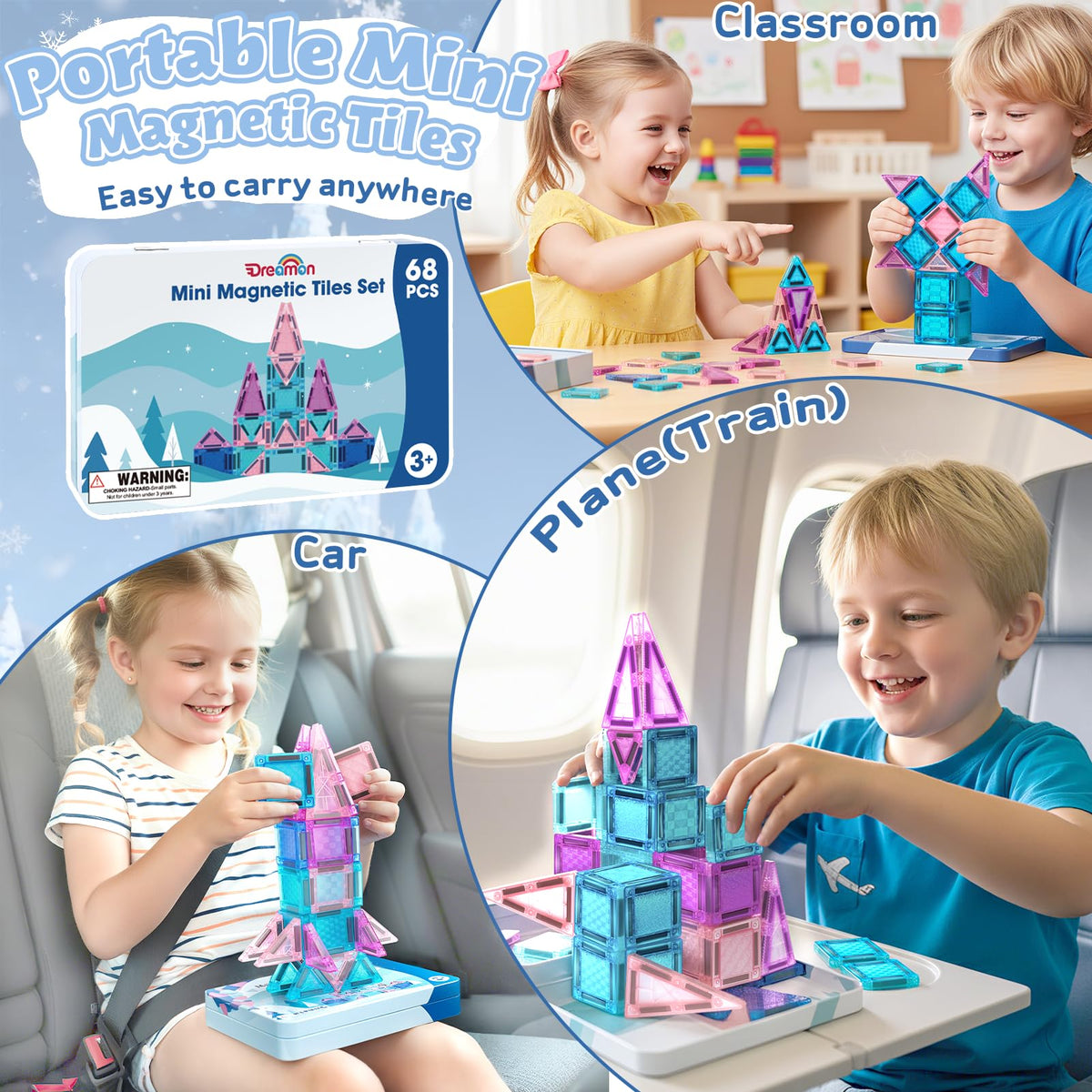 Dreamon 68 PCS Mini Magnetic Tiles Set Ice and Snow Travel Magnetic Tiles for Kids with Tin Box Magnetic Blocks Building Toy Christmas Birthday Gift Girls Boys Age 3 4 5 Years Old 🍁 All In One Marketplace Canada