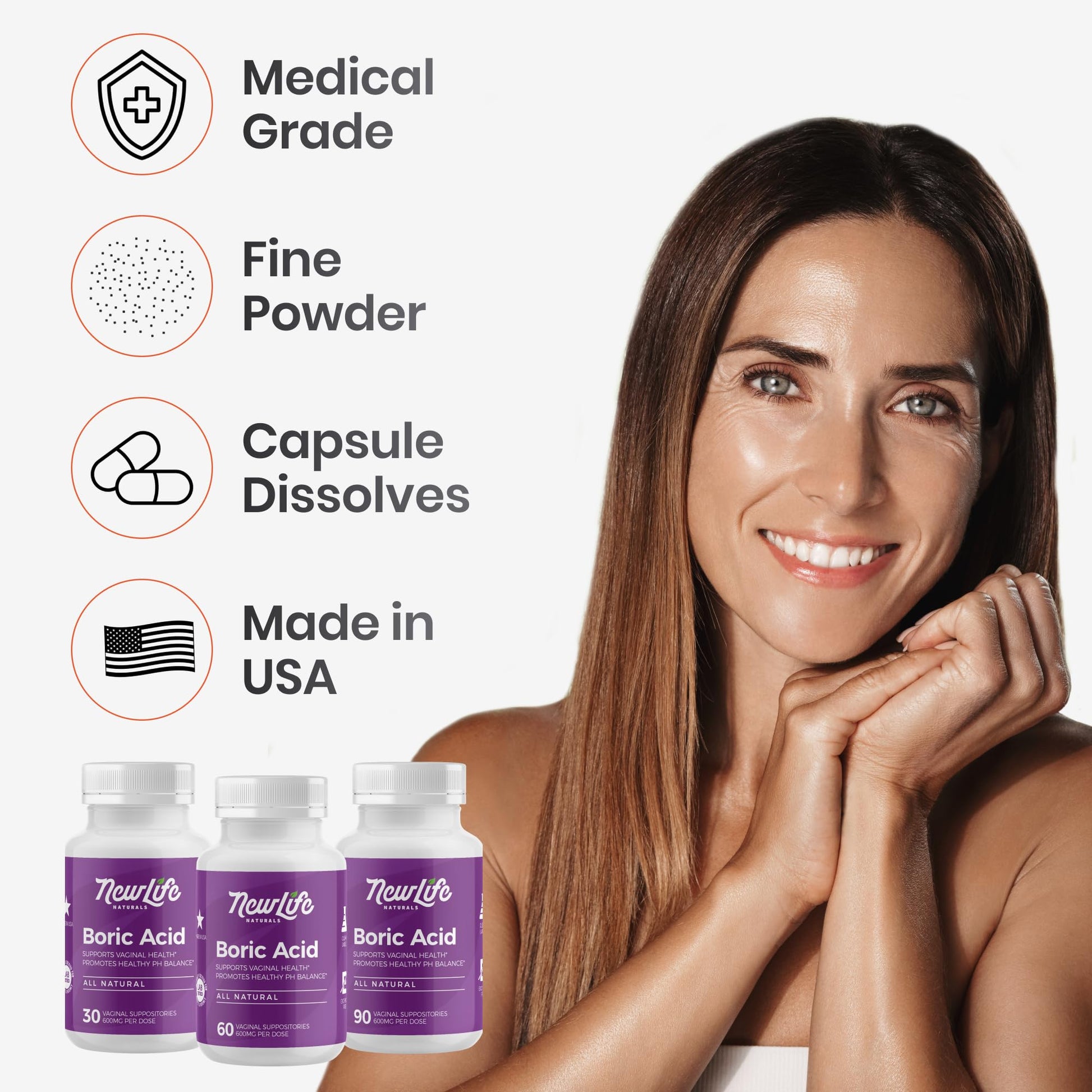 NewLife Naturals - Medical Grade Boric Acid Vaginal Suppositories - 600mg - 100% Pure Womens pH Balance Pills - Yeast Infection & Bacterial Vaginosis - 30 Capsules: Made in USA - Available at All In One Marketplace Canada