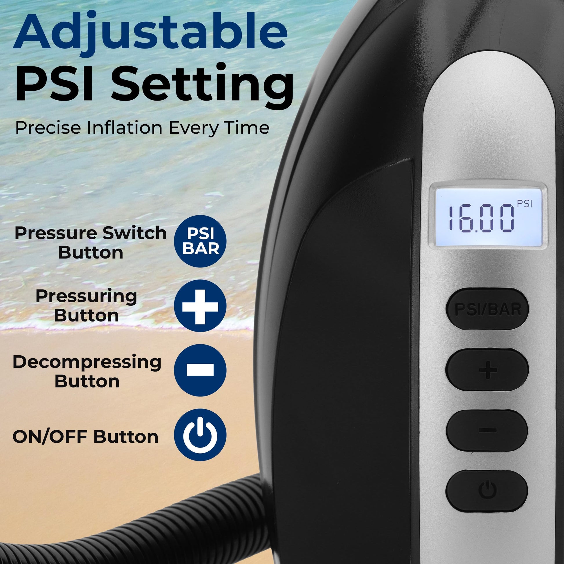 SereneLife Electric SUP Air Pump 16 PSI, Portable Paddle Board Air Compressor with Digital LCD Display, 12V DC Car Connector, Multiple Nozzle Adapters for SUPs, Boats & Inflatables SereneLife