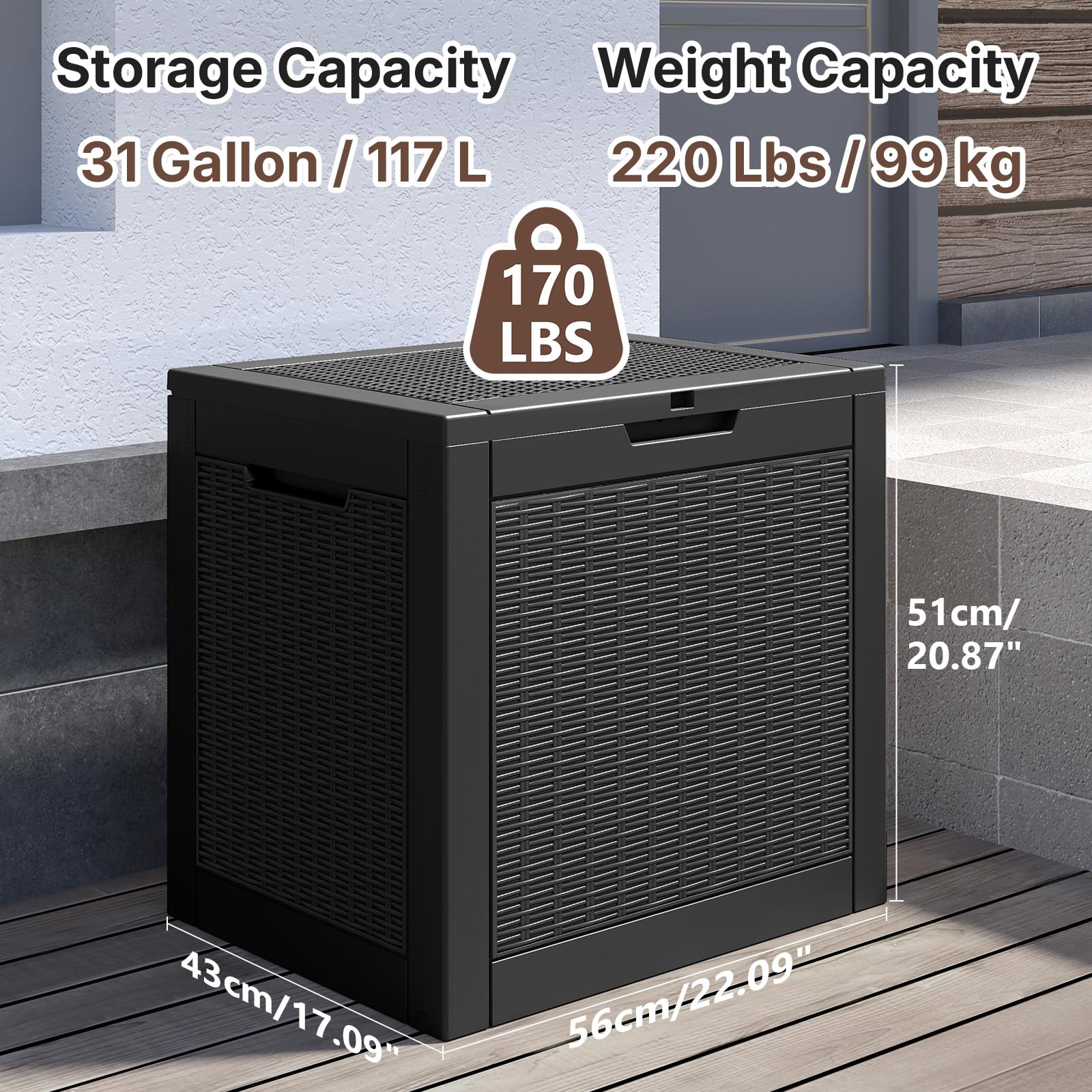 Ceecysaa Rattan-Style 30 Gallon Deck Box Outdoor, Waterproof Storage Box, Black Ceecysaa