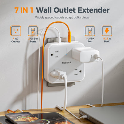 Wall Outlet Extender, TESSAN 4 Multi Plug Outlet Splitter with 1 USB C and 2 USB A Charging Ports, Multiple Plug Extension Block with Surge Protector for Home, Kitchen, Office, Dorm, Gray - Available at All In One Marketplace Canada
