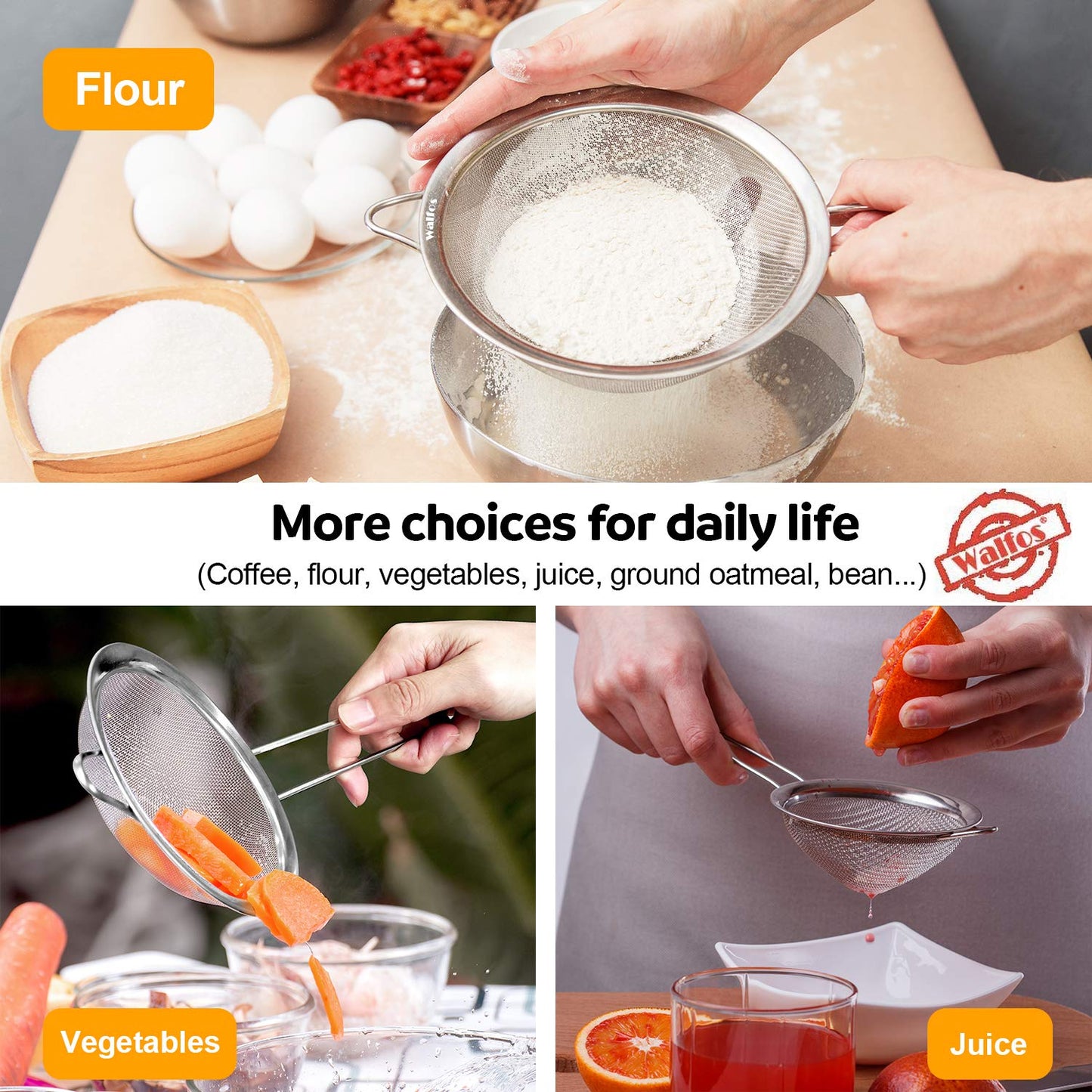 Walfos Fine Mesh Strainers Set, Premium Stainless Steel Sieve and Sifter with Sturdy Handle, Metal Kitchen Strainers Perfect for for Food, Rice, Quinoa, Fruit, Tea, Flour- 3 Sizes - Available at All In One Marketplace Canada