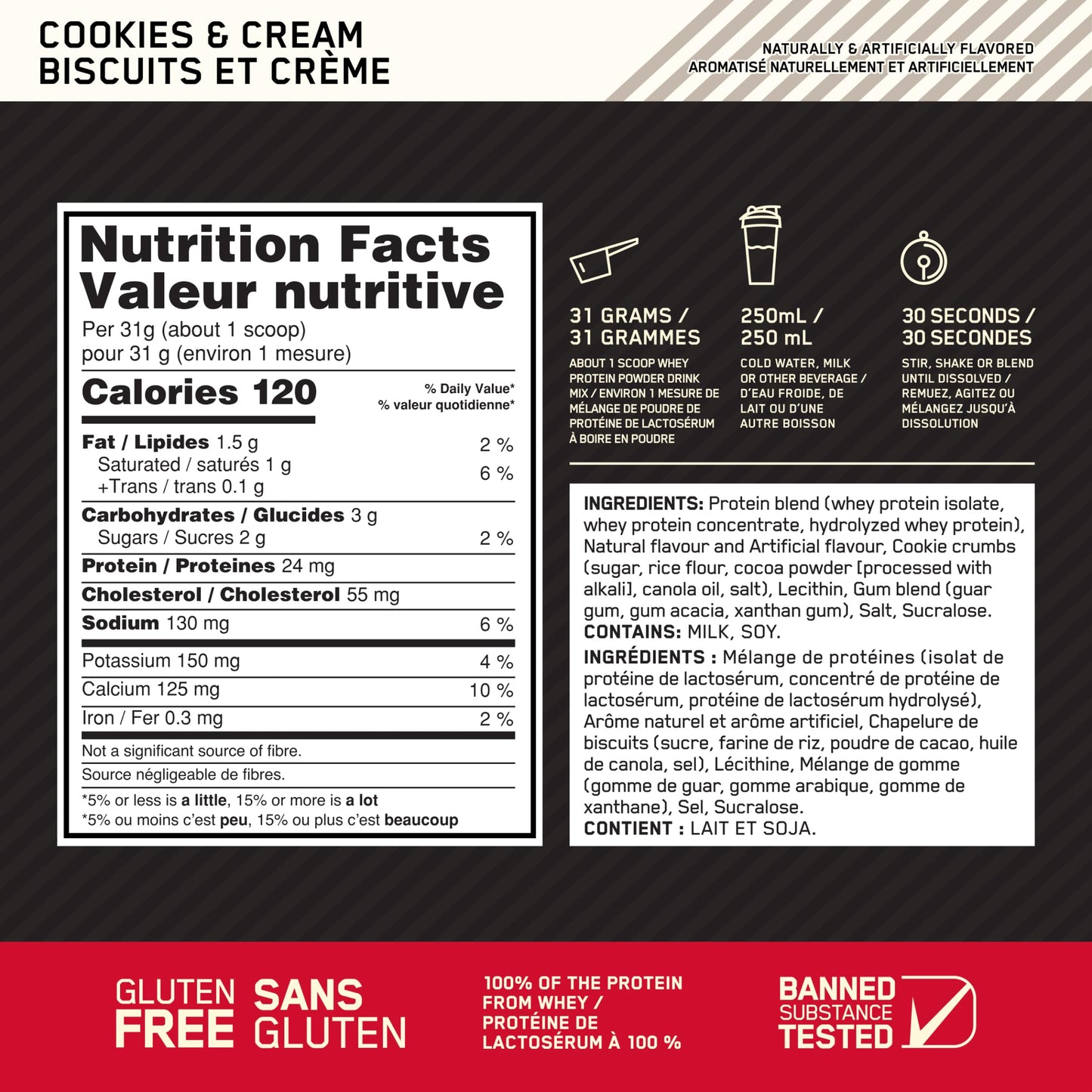 Optimum Nutrition Gold Standard 100% Whey Protein Powder, Cookies & Cream, 24 g Protein per Serving, 2.27 kg, 68 Servings (packaging may vary)