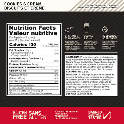 Optimum Nutrition Gold Standard 100% Whey Protein Powder, Cookies & Cream, 24 g Protein per Serving, 2.27 kg, 68 Servings (packaging may vary)