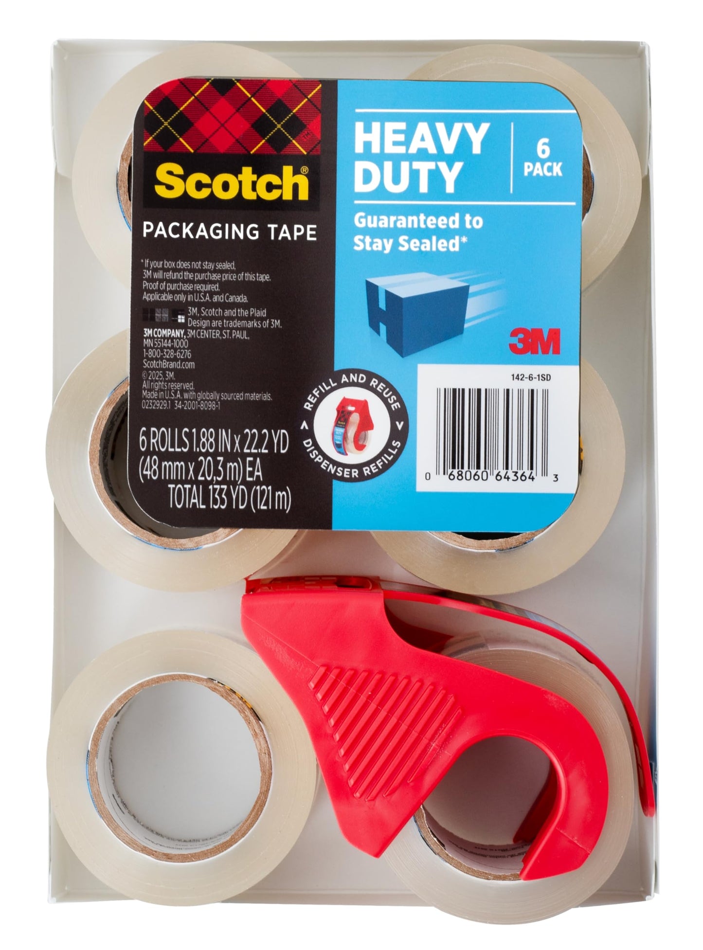 Scotch Heavy Duty Packaging Tape, Shipping and Packing Tape, 1.5” Core Refill Rolls with 1 Refillable Dispenser, 1.88 in x 800 in, 6-Pack 🍁 All In One Marketplace Canada