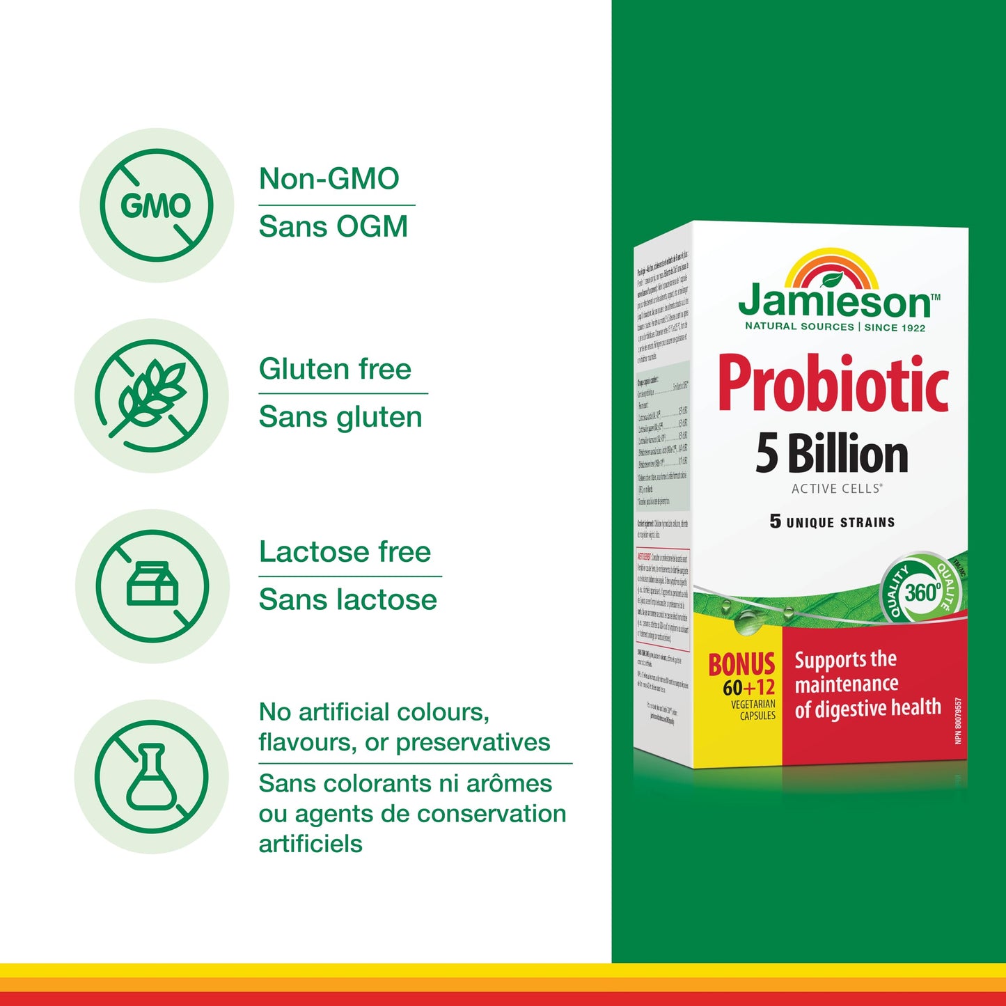 Jamieson Probiotic 5 Billion Active Cells, Bonus Size, Supports Digestive Health and Microbial Diversity. 5 Unique Strains, Including Lactobacillus and Bifidobacterium, Non-GMO, Gluten-Free, 72 Vegetarian capsules - Available at All In One Marketplace Canada
