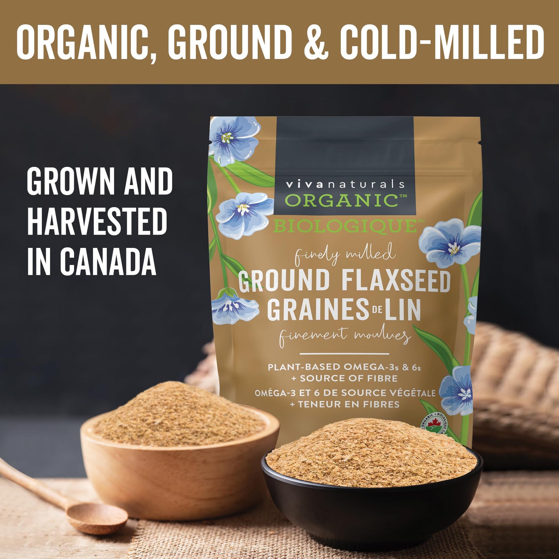 Viva Naturals Canadian-Made Organic Ground Flaxseed - Premium Flax Seeds for Baking, Smoothies - Certified Organic, Non-GMO, Keto & Vegan Friendly Graine De Lin 425 g (15 oz) - Available at All In One Marketplace Canada
