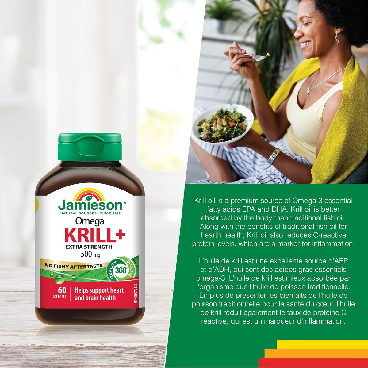 Jamieson Omega Krill Plus 500 mg Softgels, No Fishy Aftertaste, with EPA, DHA, Phospholipids, and Astaxanthin. Supports Hearth Health and Brain Health, Non-GMO, Gluten-Free, 60 Count, Proudly Canadian
