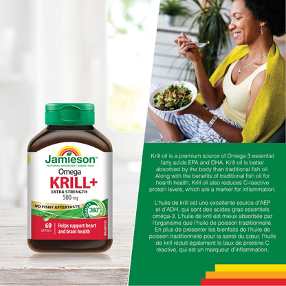 Jamieson Omega Krill Plus 500 mg Softgels, No Fishy Aftertaste, with EPA, DHA, Phospholipids, and Astaxanthin. Supports Hearth Health and Brain Health, Non-GMO, Gluten-Free, 60 Count, Proudly Canadian