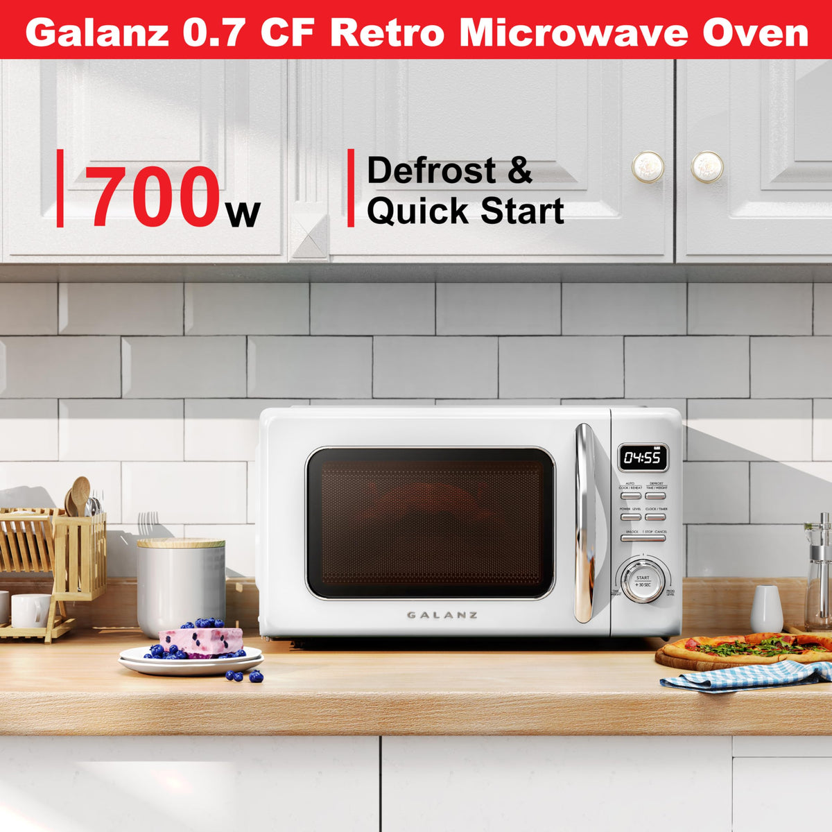 Galanz GLCMKZ07WER07 Retro Countertop Microwave Oven with Auto Cook & Reheat, Defrost, Quick Start Functions, Easy Clean with Glass Turntable, Pull Handle,0.7 cu ft, White