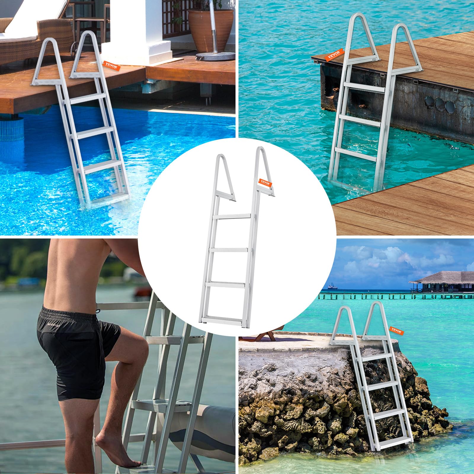 VEVOR Dock Ladder, Removable 4 Steps, 350 lbs Load Capacity, Aluminum Alloy Pontoon Boat Ladder with 4'' Wide Step & Nonslip Mat, Easy to Install for Ship/Lake/Pool/Marine Boarding VEVOR
