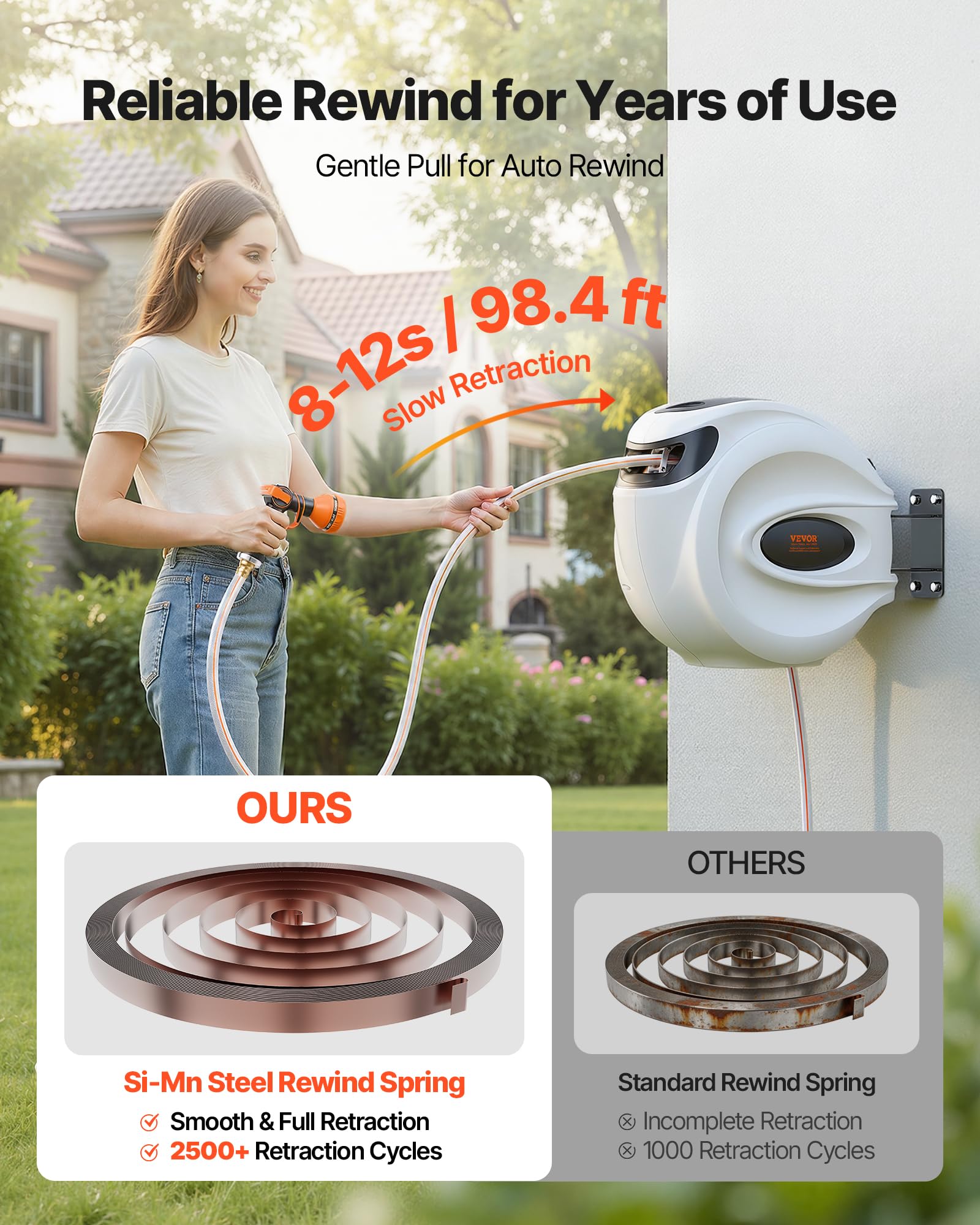 VEVOR Retractable Hose Reel, 100 ft x 1/2 inch, 180° Swivel Bracket Wall-Mounted, Garden Water Hose Reel with 9-Pattern Nozzle, Automatic Rewind, Lock at Any Length, and Slow Return System - Available at All In One Marketplace Canada
