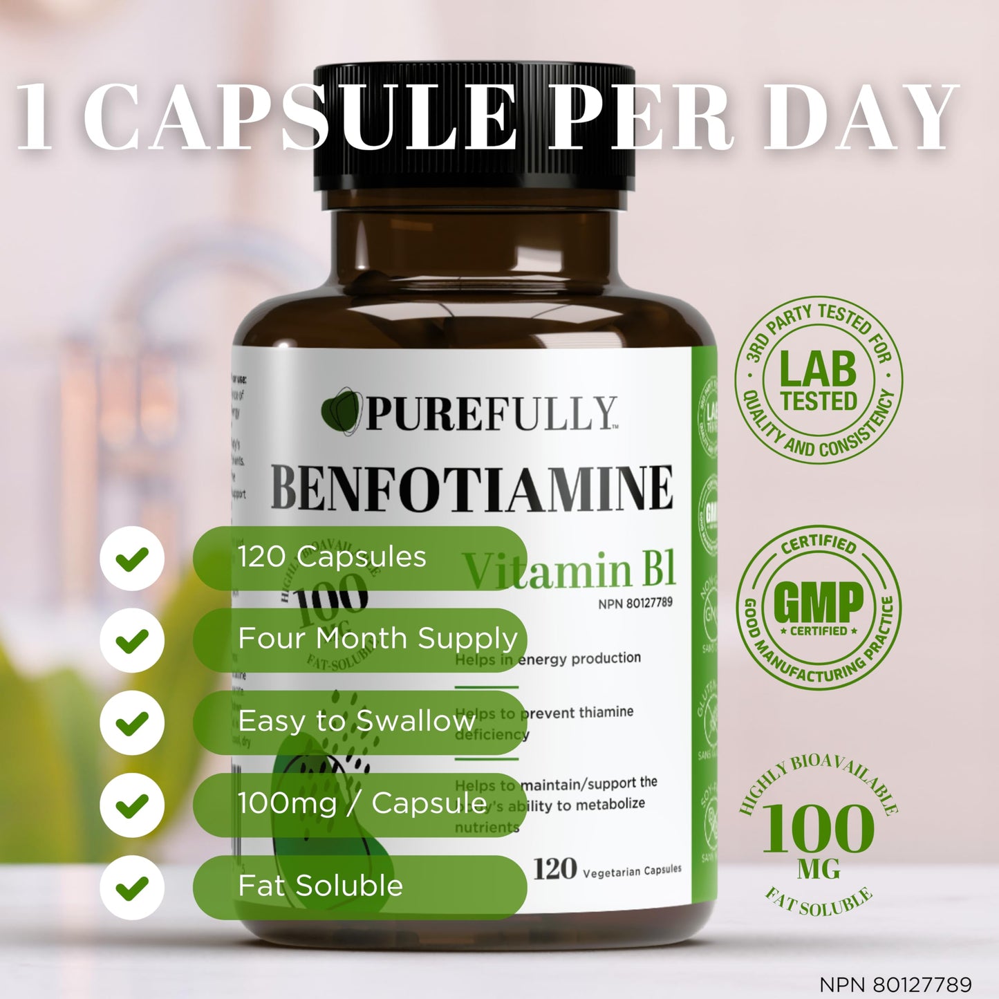 PUREFULLY Benfotiamine Vitamin B1/Thiamine 100mg, 120 Capsules - High Absorption Energy Support - Gluten Free, Non-GMO, Made in Canada - Available at All In One Marketplace Canada