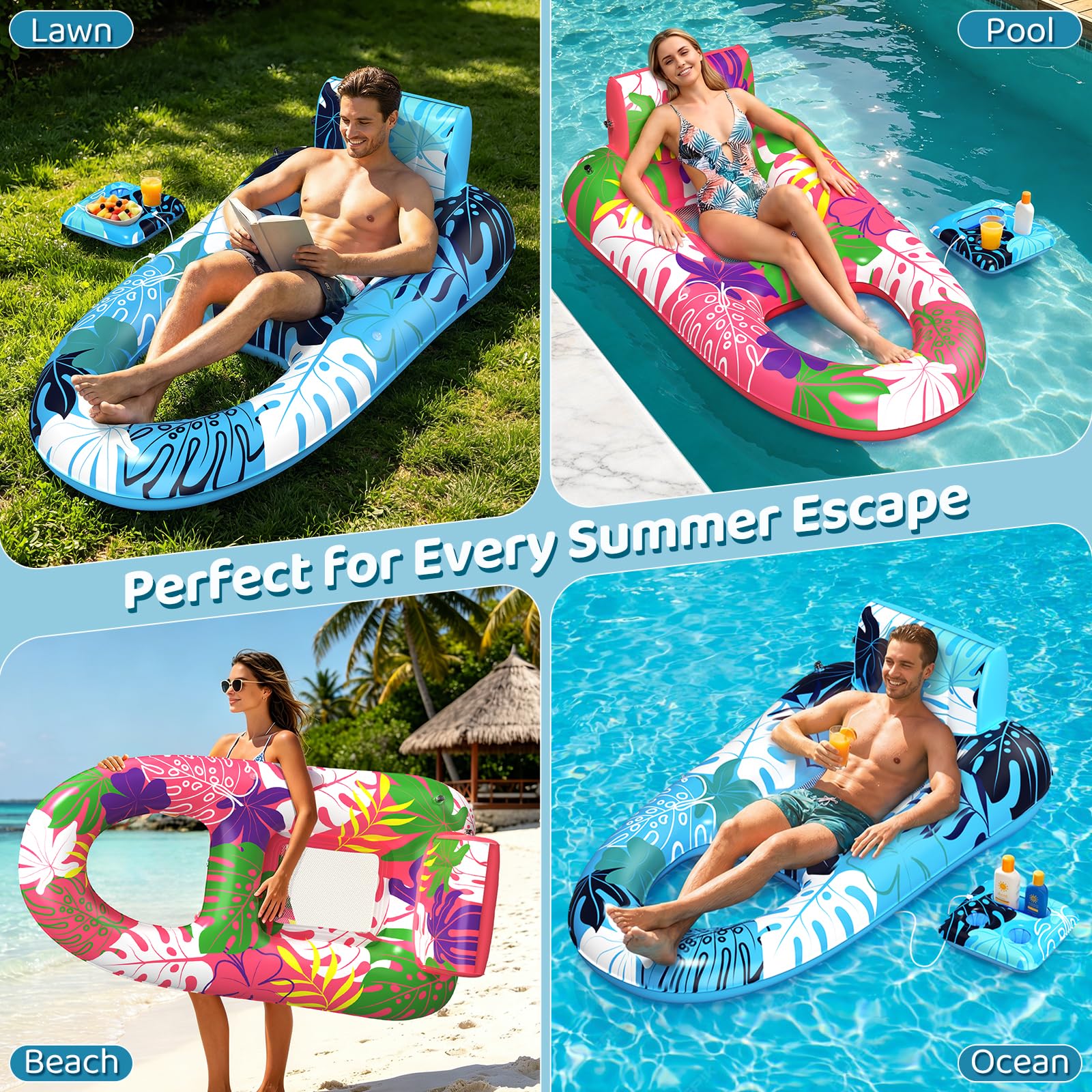 SEETOHOME 2 Pack Pool Floaties for Adults, Heavy Duty Inflatable Pool Lounger Floating Adult with Detachable Cup Holders & Backrest, Adult Pool Float Lounger for Beaches, Lakes, Rivers, Parties