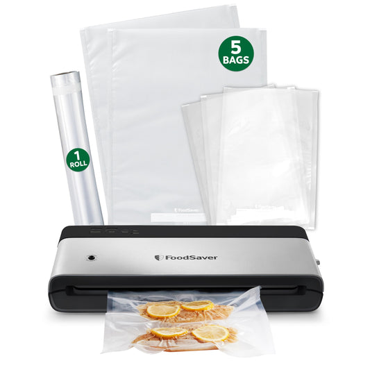 FoodSaver PowerVac Compact Vacuum Sealer Machine w/ Vertical Storage | 5 Airtight Vacuum Seal Bags & 1 Roll | VS0150 | Stainless Steel / Black - Available at All In One Marketplace Canada