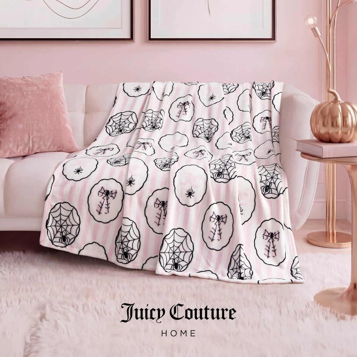 Couverture en peluche Juicy Couture, motif toile d'araignée pour Halloween, plaid décoratif doux en polyester pour canapé ou lit, rose clair, 127 cm x 152 cm