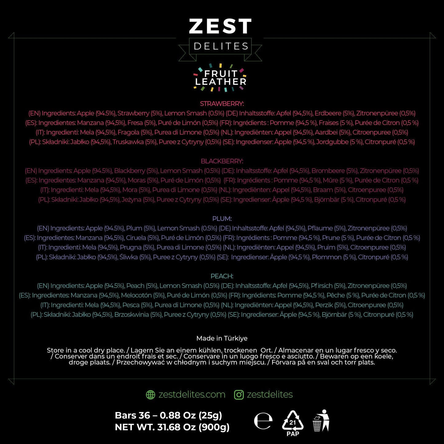 Zest Delites Fruit Leather Variety Pack - 36 Individual Servings (25g each) | Strawberry, Blackberry, Peach & Plum | Gluten-Free Vegan Dried Fruit Snacks