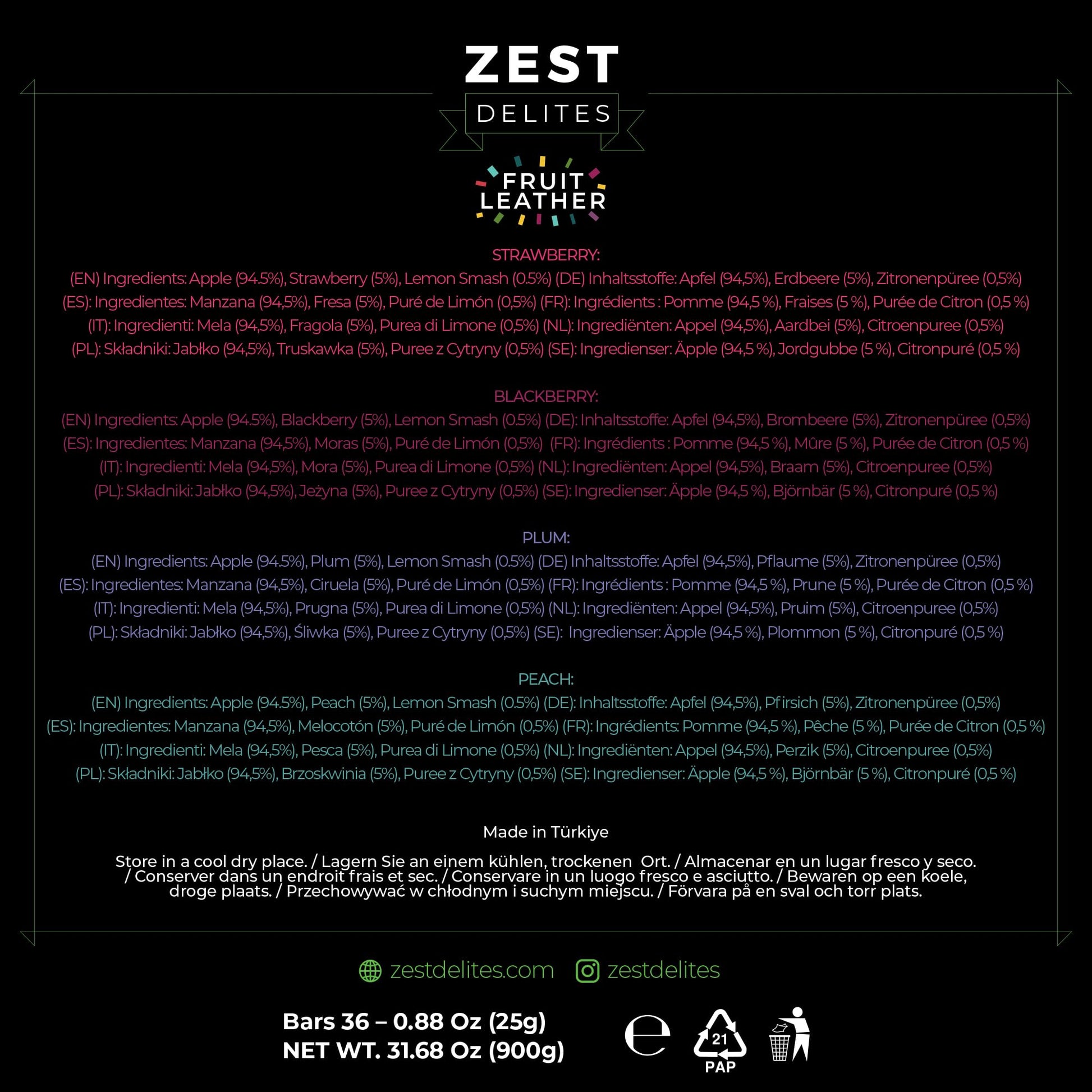 Zest Delites Fruit Leather Variety Pack - 36 Individual Servings (25g each) | Strawberry, Blackberry, Peach & Plum | Gluten-Free Vegan Dried Fruit Snacks