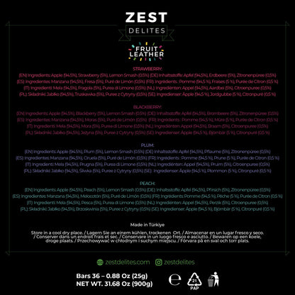 Zest Delites Fruit Leather Variety Pack - 36 Individual Servings (25g each) | Strawberry, Blackberry, Peach & Plum | Gluten-Free Vegan Dried Fruit Snacks